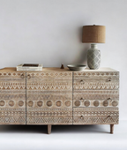 Siona Whitewashed Rustic Console Table with Hand-Carved 3 Doors