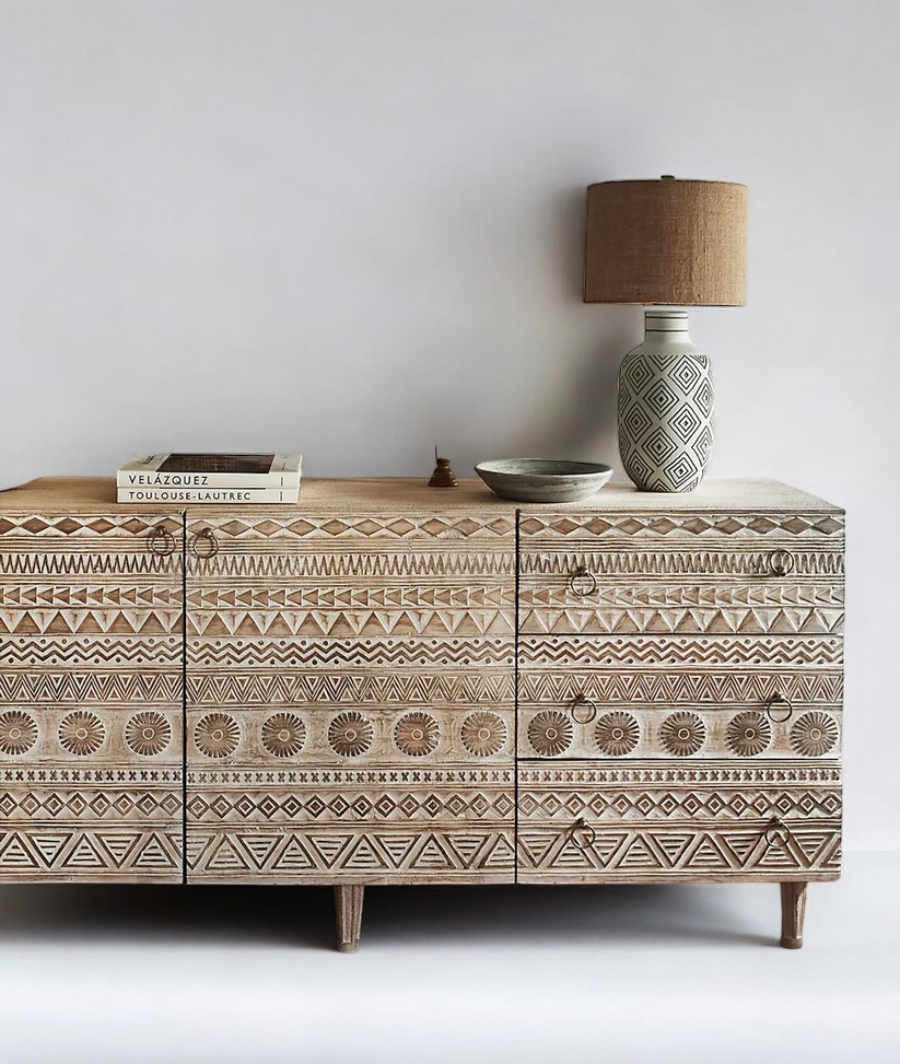 Siona Whitewashed Rustic Console Table with Hand-Carved 3 Doors