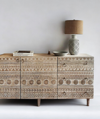 Whitewashed Rustic Console Table with Hand-Carved 3 Doors