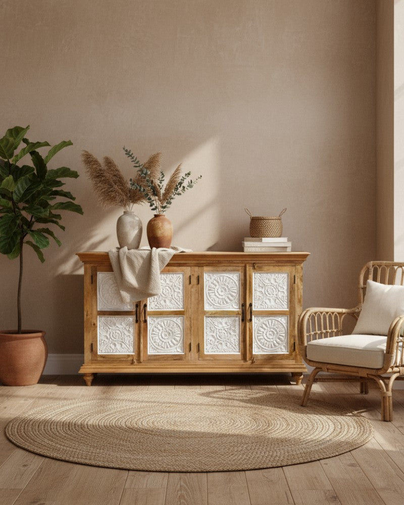Hand-Carved Mango Wood Sideboard – Natural Polished Finish with Whitewashed Floral Panels