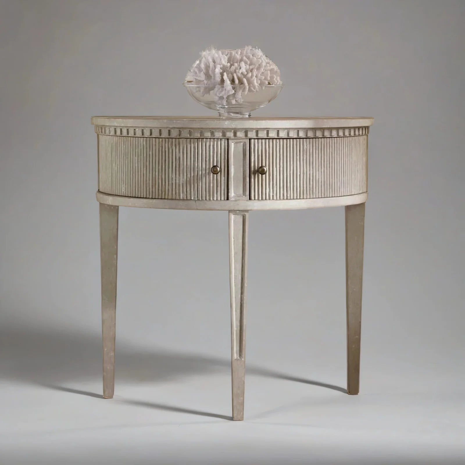 ArcHeritage Half Round Solid Wood Side Table – Antique Grey Finish, Handcrafted by Living Furn India