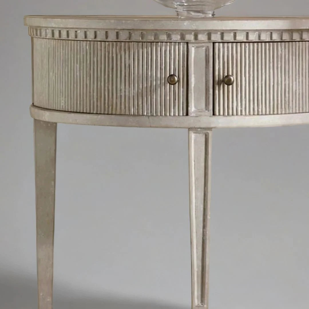 ArcHeritage Half Round Solid Wood Side Table – Antique Grey Finish, Handcrafted by Living Furn India