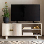 Artisan Fluted Wood TV Unit with Storage | Modern Media Console | Natural Finish Entertainment Center | Living Furn India