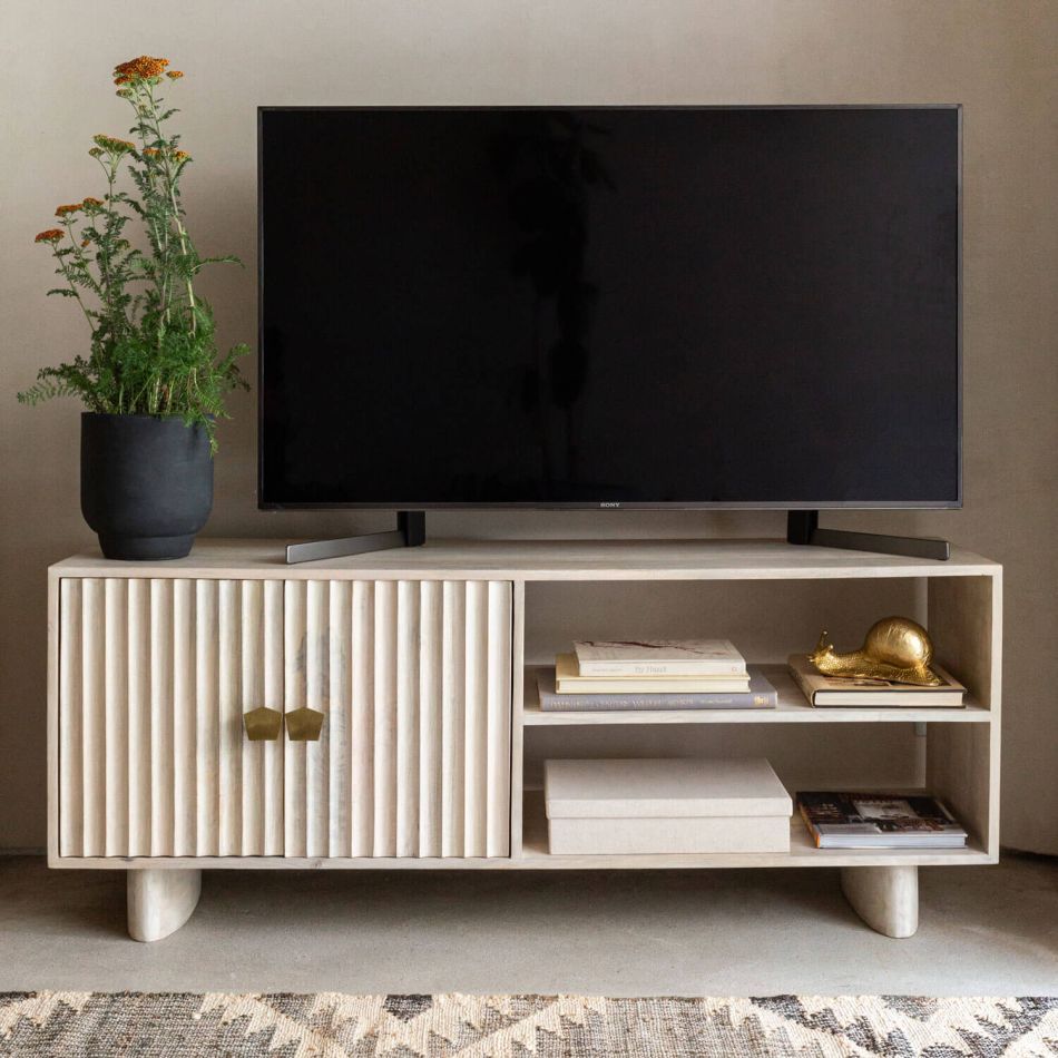 Artisan Fluted Wood TV Unit with Storage | Modern Media Console | Natural Finish Entertainment Center | Living Furn India