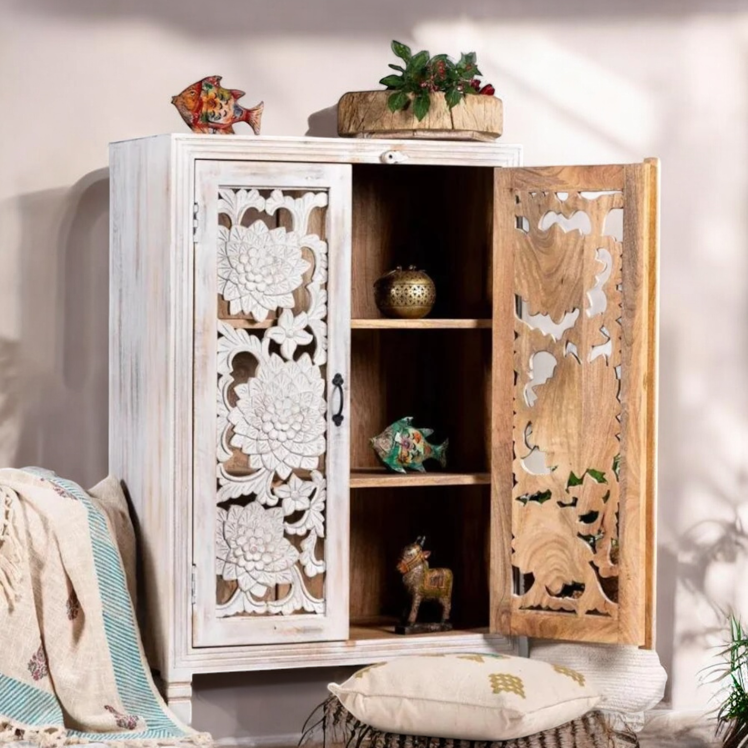 Solid wooden cabinet in a modern living room setup.
