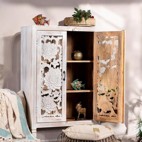 White Rustic Two Carving Door Cabinet Solid Wood