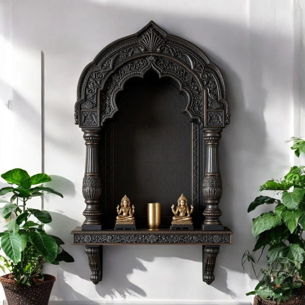 Hand-Carved Dark Wood Archway Wall Niche - Temple Style Pooja Shelf, Indian Heritage Decor