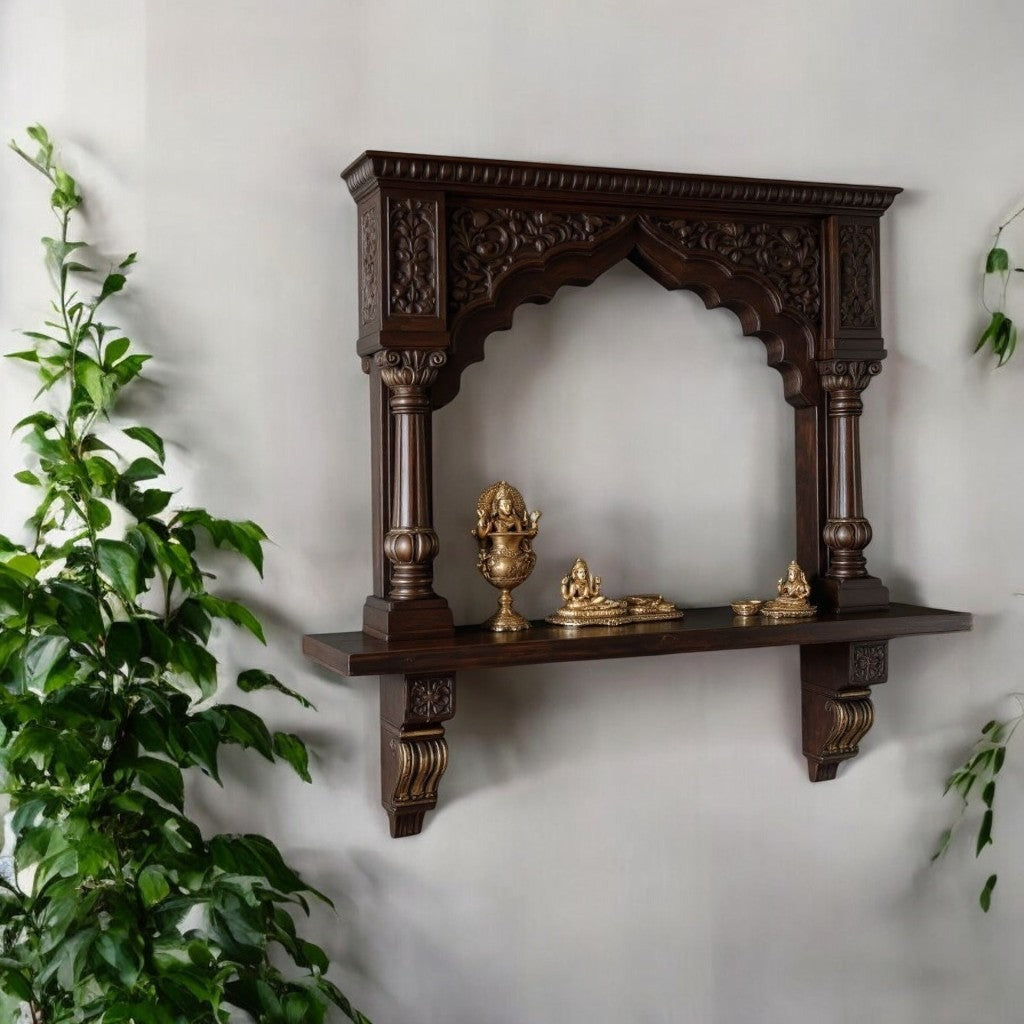 Artisan Crafted Jodhpur Dark Wood Archway Wall Shrine - Temple Style Pooja Display, Indian Heritage