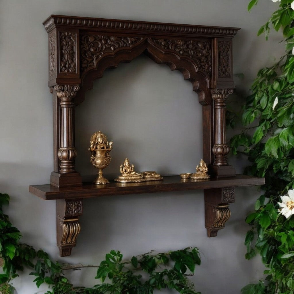 Artisan Crafted Jodhpur Dark Wood Archway Wall Shrine - Temple Style Pooja Display, Indian Heritage