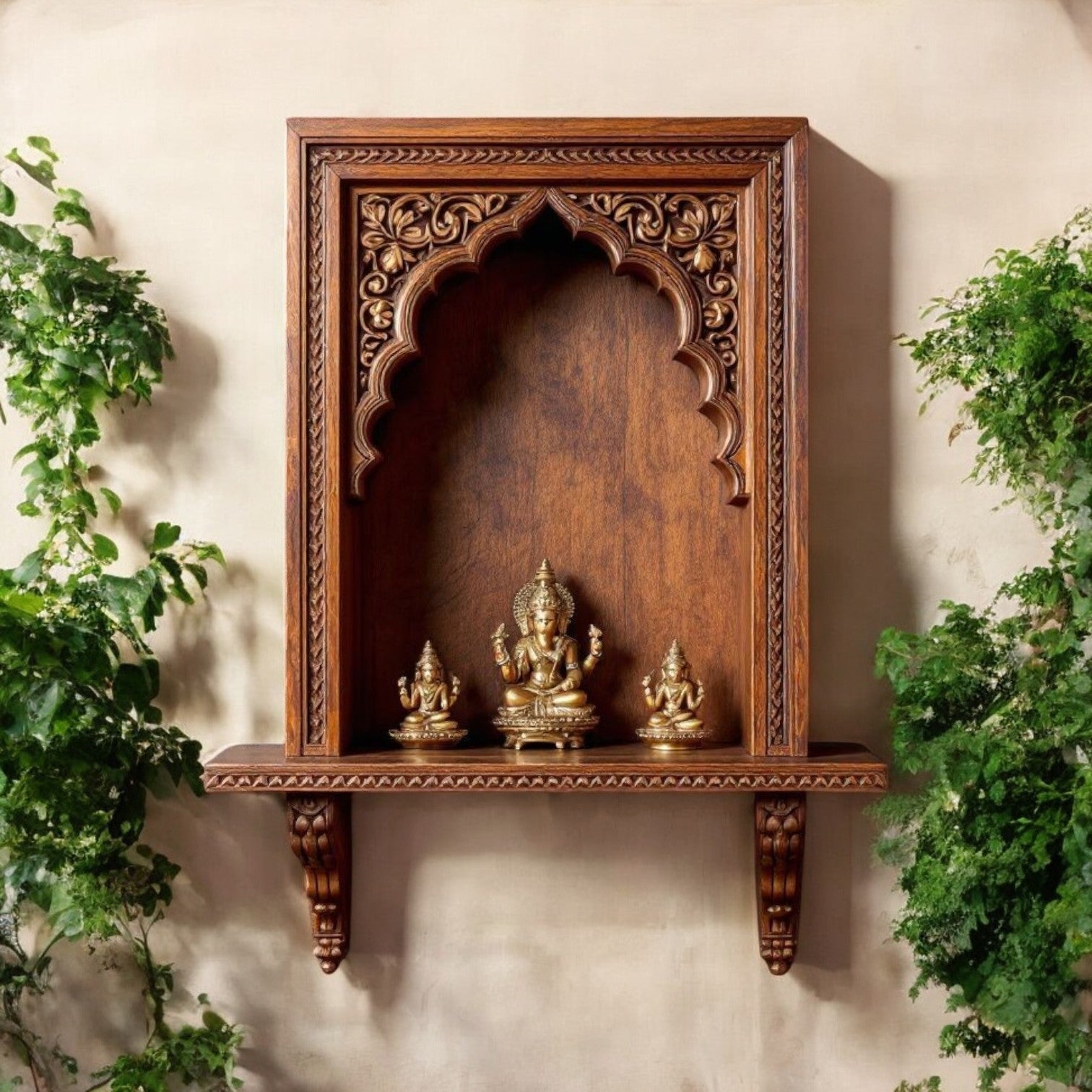 J.L.HOME DECOR intricately carved wooden pooja niche, featuring detailed floral and vine motifs. Ideal for displaying sacred items or antique collectibles.