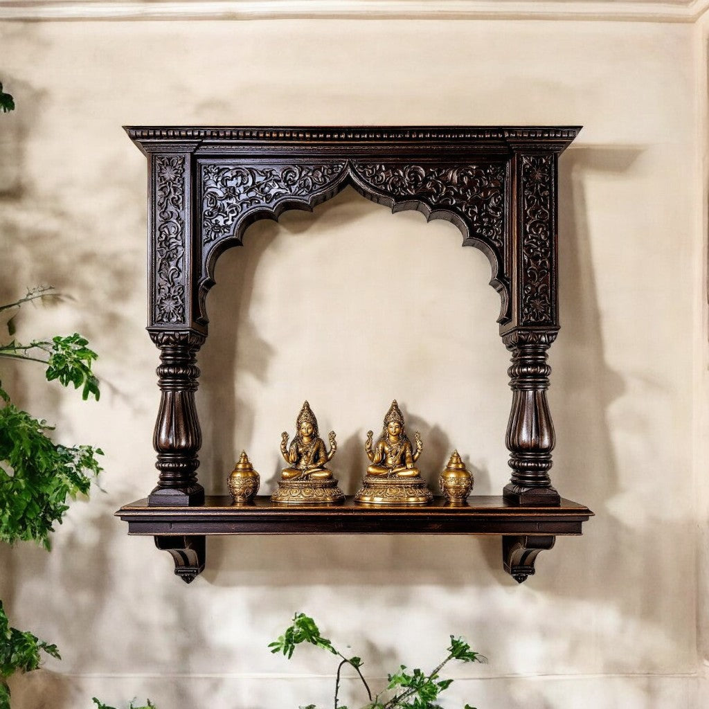 Jodhpur hand-carved dark wood archway pooja shelf with columns and corbels. Handcrafted in Jodhpur, Rajasthan. Ideal for pooja display and antique home decor.