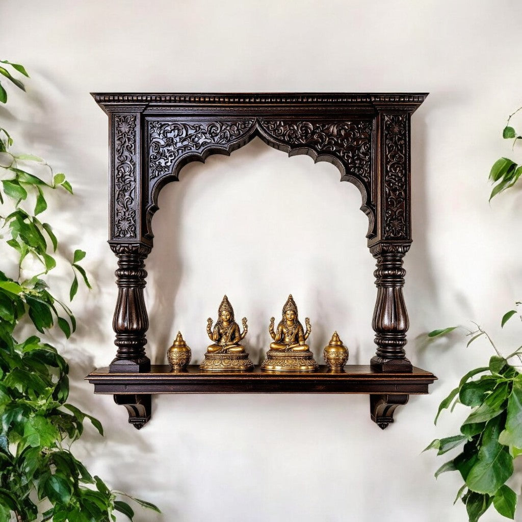 Jodhpur hand-carved dark wood archway pooja shelf with columns and corbels. Handcrafted in Jodhpur, Rajasthan. Ideal for pooja display and antique home decor.
