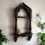 Jodhpur artisan dark wood archway display with dual tiers, featuring intricate hand-carved Indian decor. Ideal for displaying sacred items or antique collectibles.