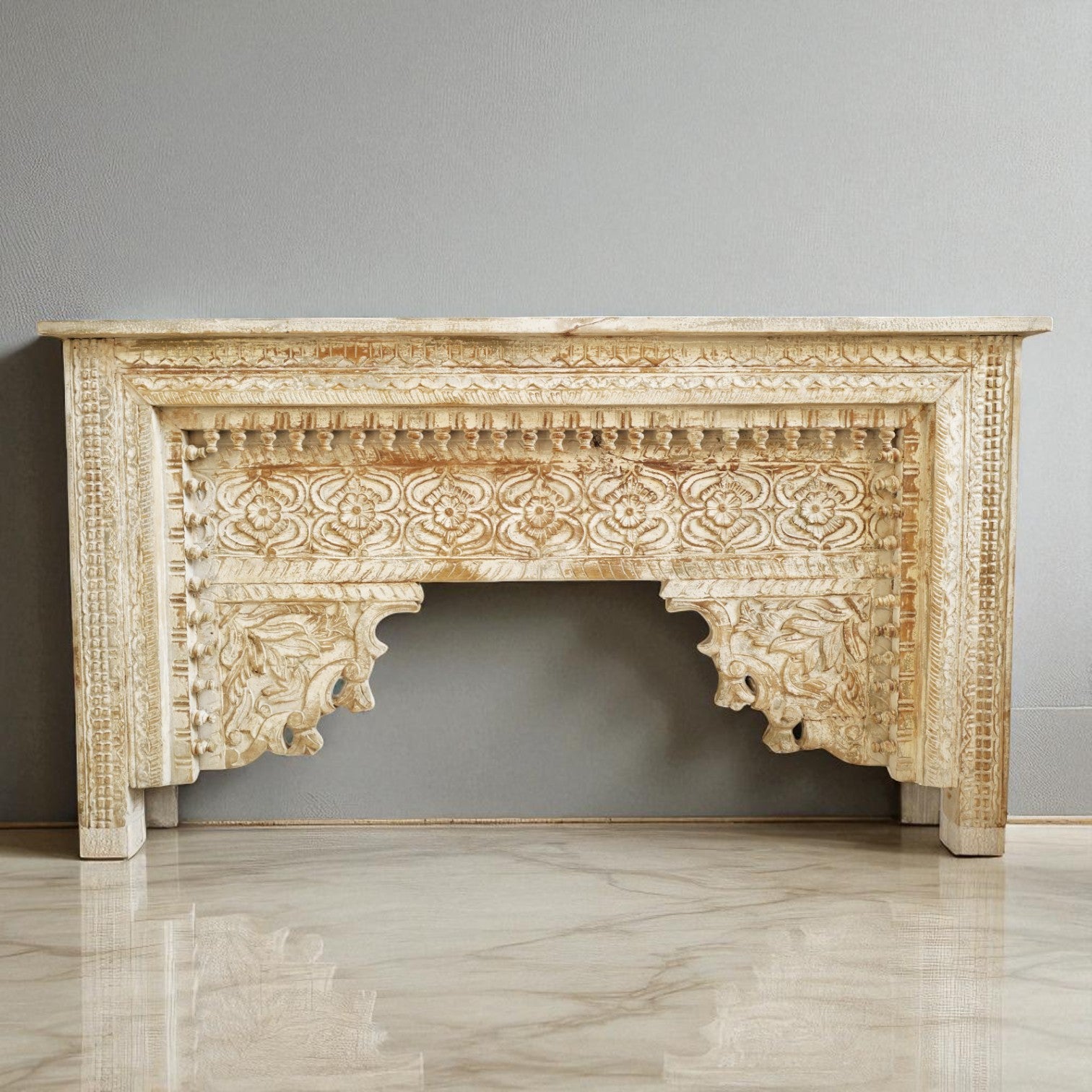 Washed Carved Floral Patterns Arch Console Table - carved console table