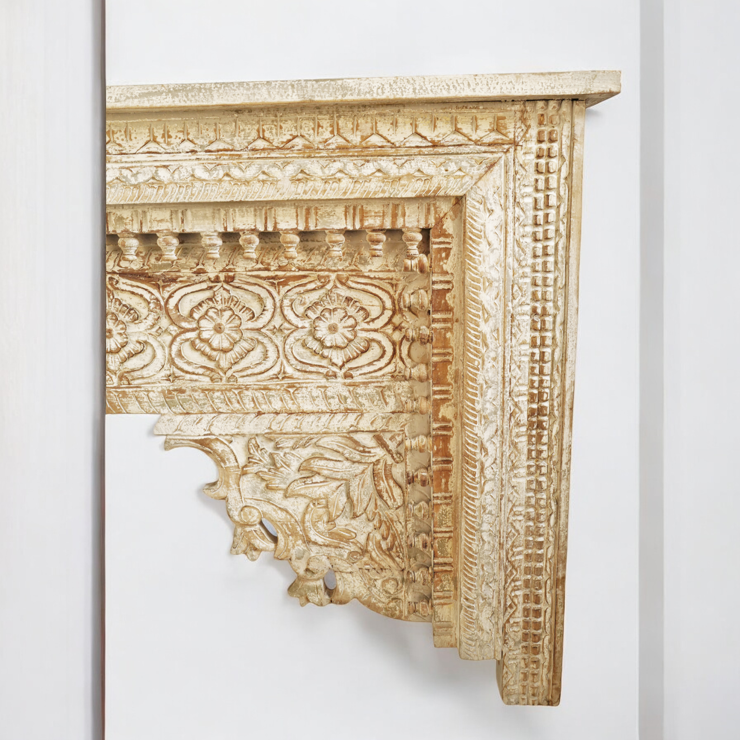 Washed Carved Floral Patterns Arch Console Table - carved console table